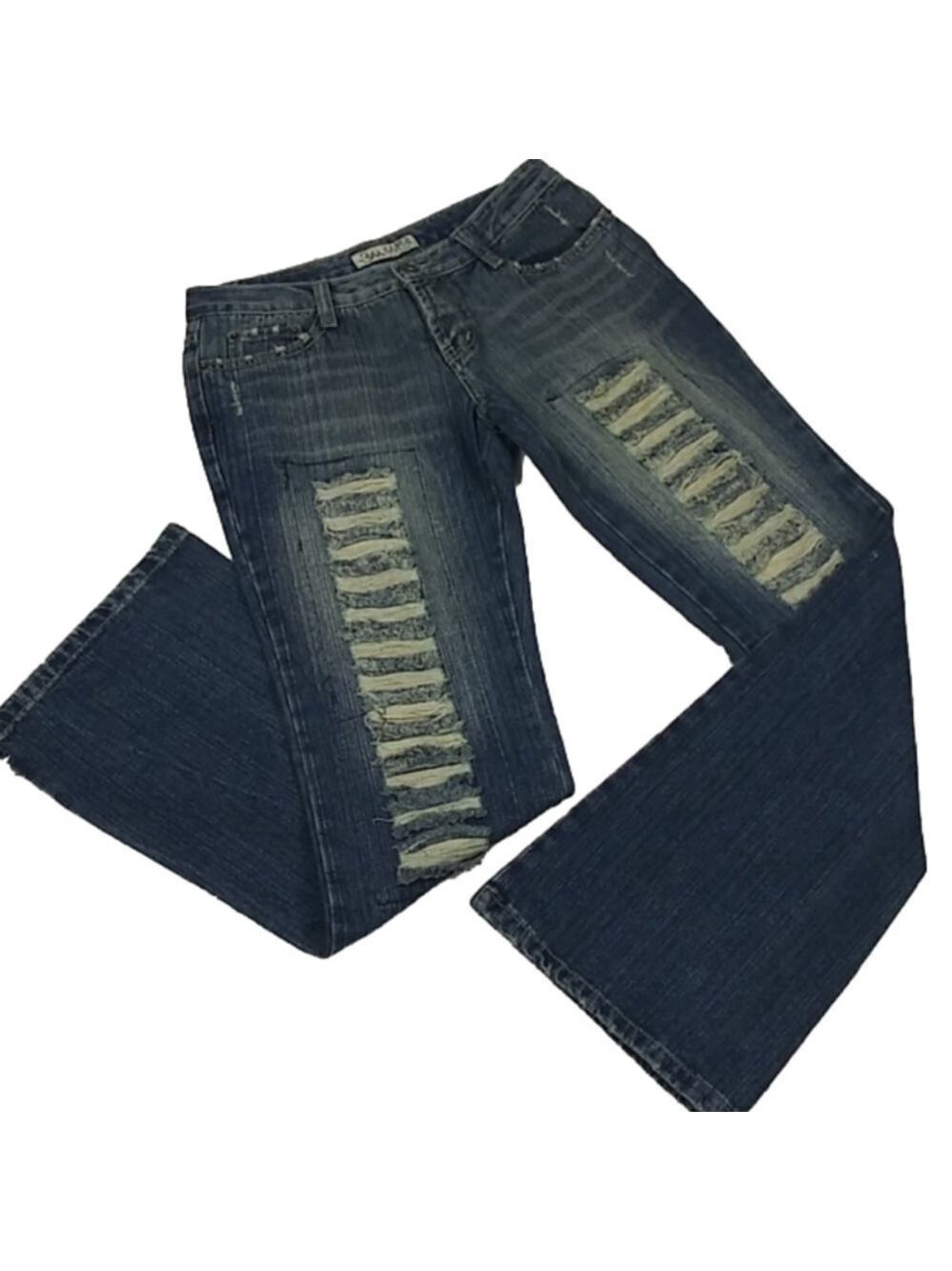 Sama Jean Blue Whiskering Medium Wash Mid Rise Distressed Wide Leg Denim Jean